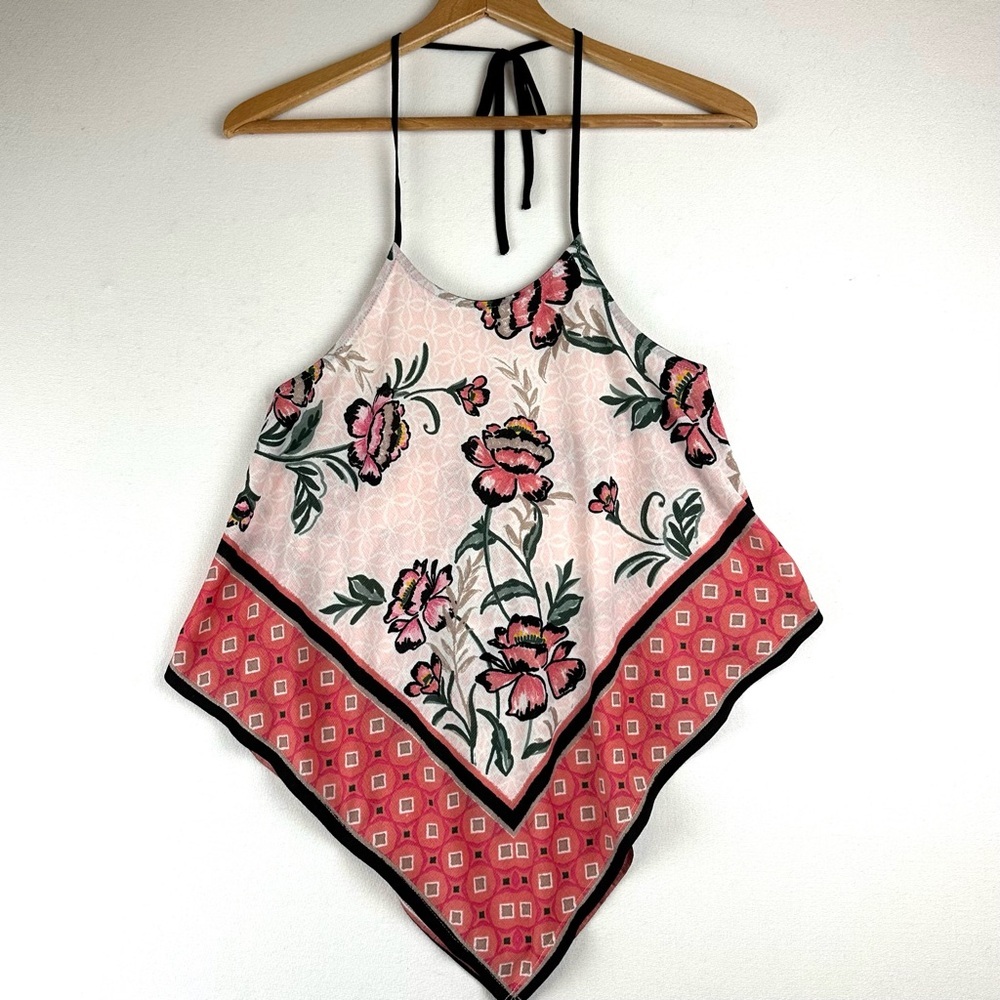 Meraki‎ Floral Halter Tank Handkerchief Border Print Hem Backless Boho